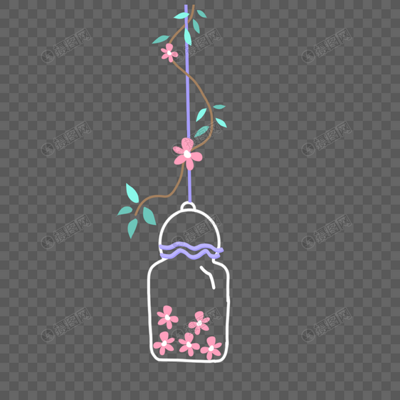 夏天树叶花朵藤蔓玻璃瓶清新手绘装饰图案图片