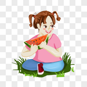夏天夏至坐在草地里吃西瓜的小女孩插画素材图片
