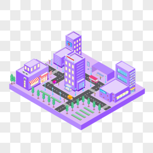 2.5D小清新紫色城市场景插画图片