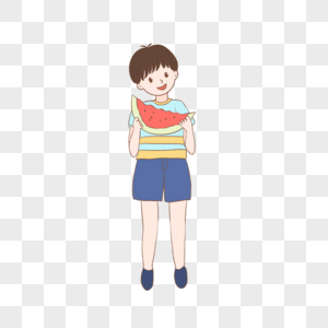 夏天站着抱着西瓜正在吃的小男孩卡通手绘高清图片