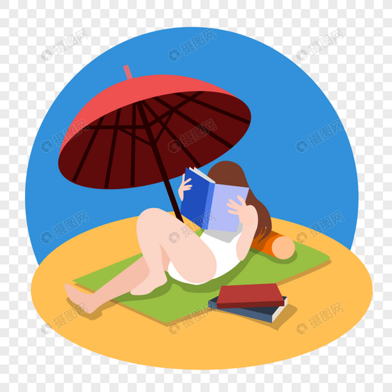 沙滩晒太阳读书少女图片
