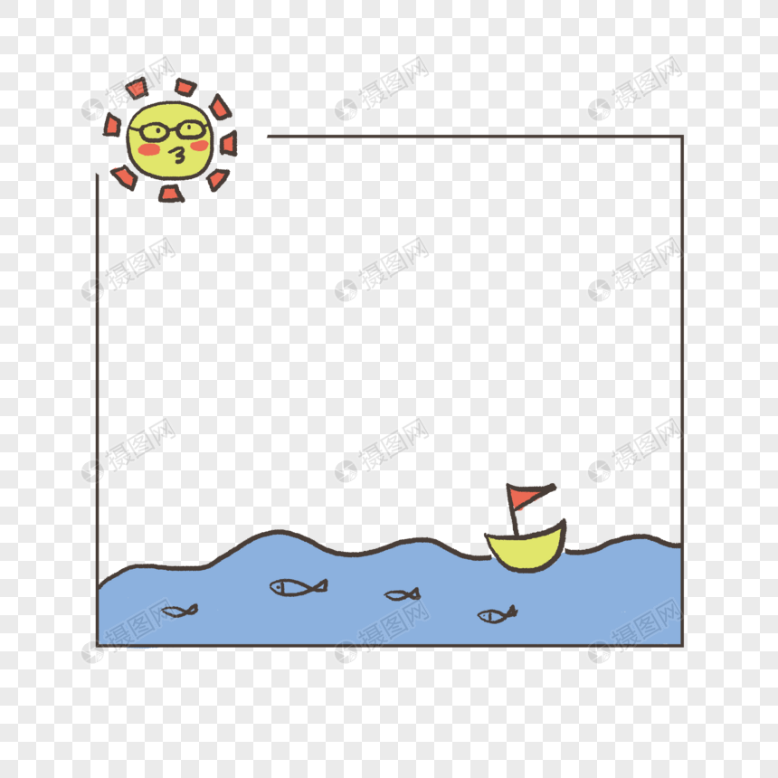 手绘帆船海洋太阳边框图片