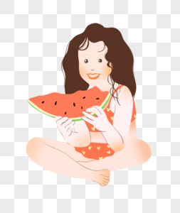 夏至吃西瓜的小女孩长发插画元素手绘图片