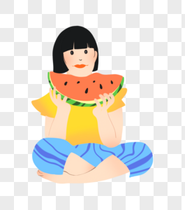 夏至吃西瓜的小女孩短发可爱插画元素手绘图片