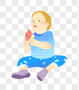 夏至吃西瓜的小男孩抬头插画元素手绘图片