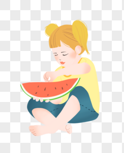夏至吃西瓜的小女孩马尾辫插画元素手绘图片