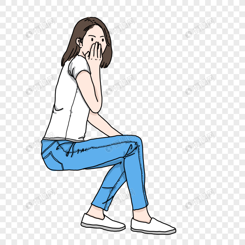 女生坐着用手捂着脸偷笑元素素材下载 正版素材 摄图网