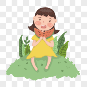 坐在草地上吃西瓜的小女孩图片