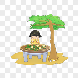 坐在树下吃粽子的女孩图片