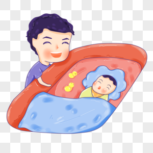 卡通手绘父亲哄宝宝睡png素材图片