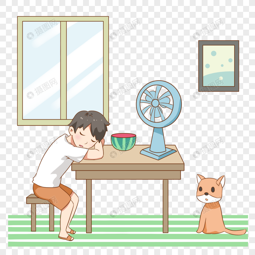 趴着桌上吹风扇睡觉的男孩