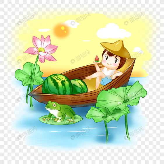 坐在船上吃瓜的男孩图片