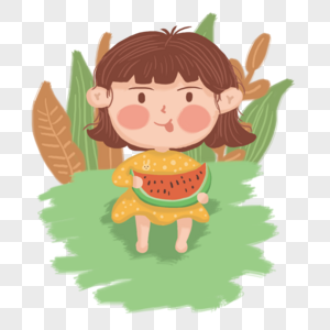 坐在草地上吃西瓜的女孩子图片