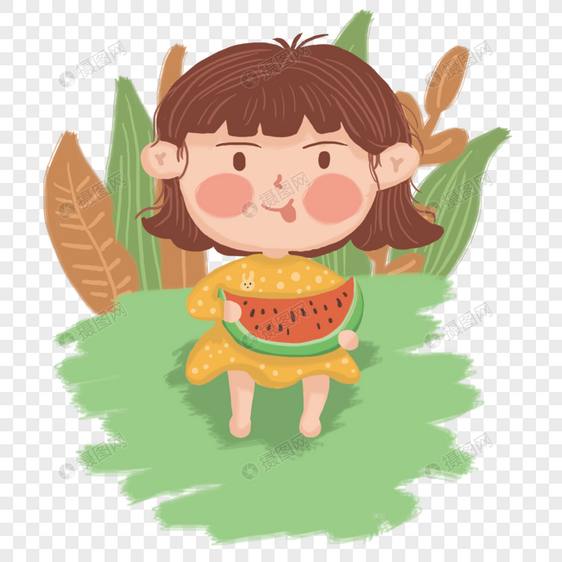 坐在草地上吃西瓜的女孩子图片