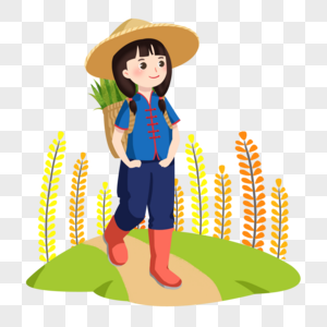 卡通手绘女孩背着草篮走在乡间小路上图片