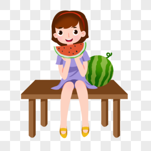 卡通手绘女孩坐在凳子上开心吃西瓜图片