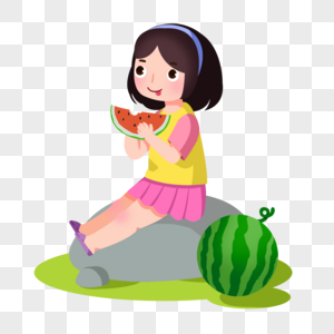 卡通手绘女孩坐在石头上开心吃西瓜图片