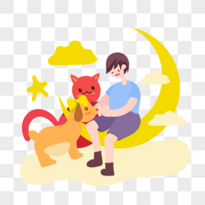 坐在月亮上的小男孩和小狗小猫图片