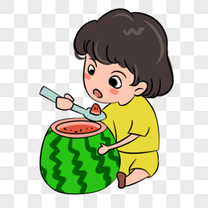 夏季抱着大西瓜吃的小女孩手绘图片
