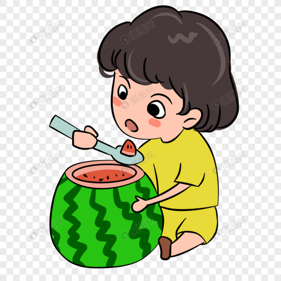 夏季抱着大西瓜吃的小女孩手绘图片