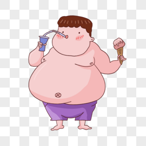 夏天胖胖的男孩喝汽水冰淇淋高清图片