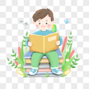 在草地上看书的男孩图片