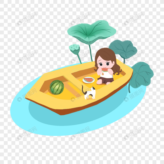 坐在船上吃瓜的女孩图片