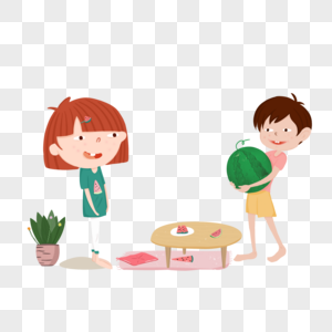 一个男孩一个女孩在家吃西瓜图片