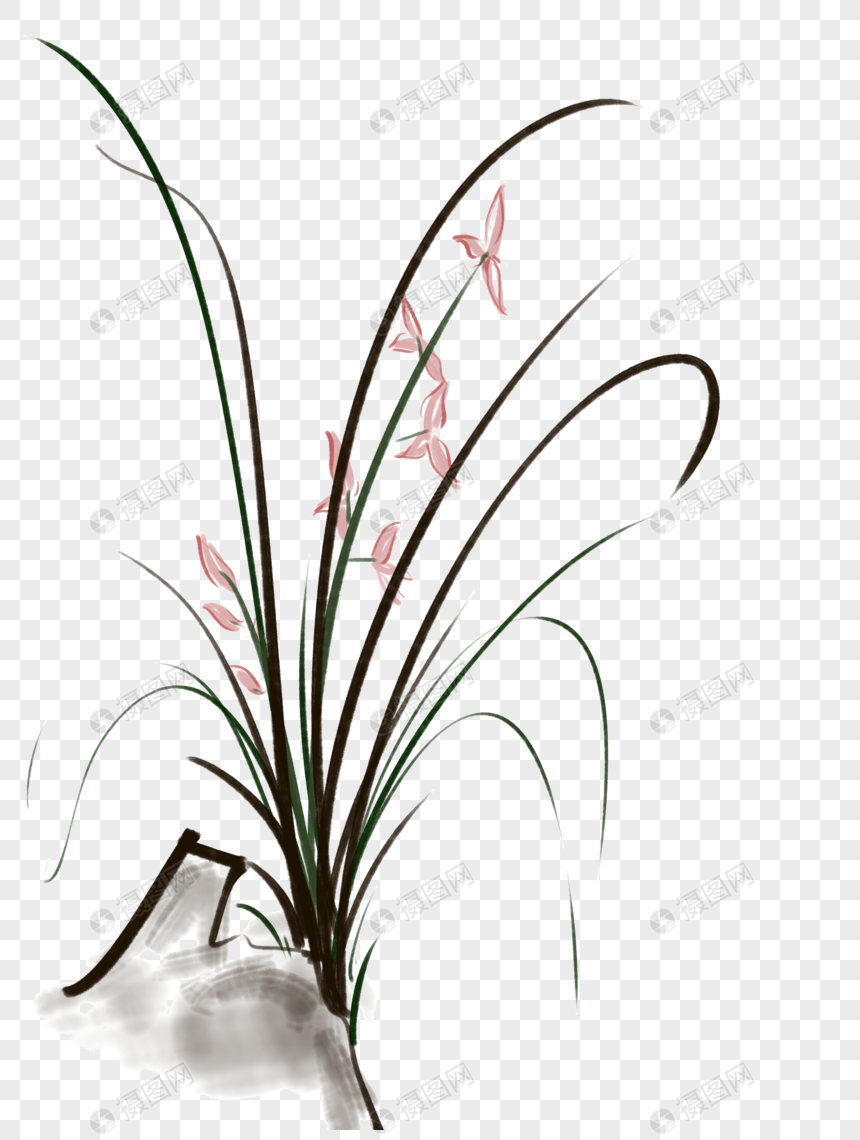 手绘中式水墨兰花png免扣素材