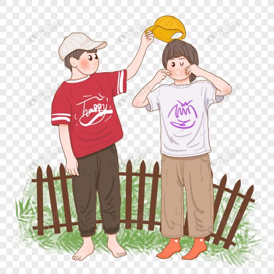 夏天戴着遮阳帽出去玩的两个男孩子图片