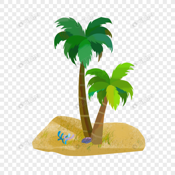 夏日金色沙滩椰子树手绘图片