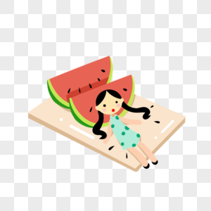 女孩躺在切水果板子和西瓜上图片