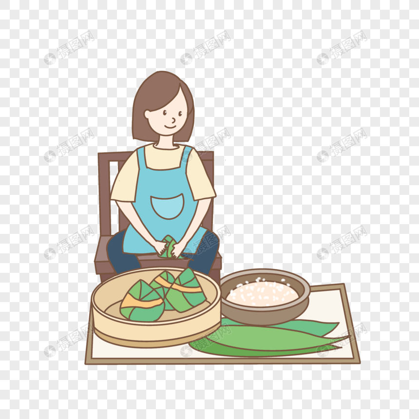 端午节坐在椅子上包粽子的女人妈妈卡通手绘图片