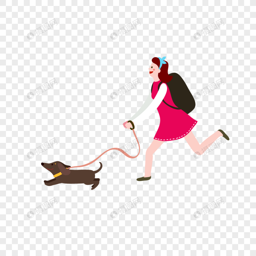 可爱小女孩在遛狗矢量素材
