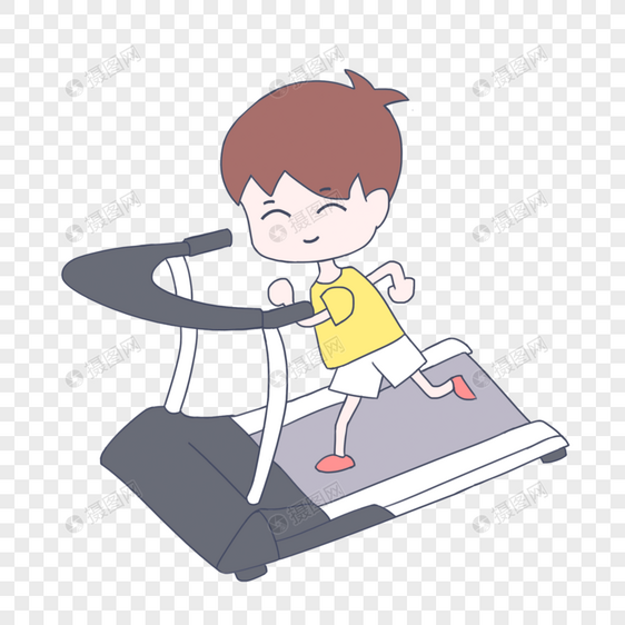 手绘卡通健康跑步机上锻炼的男孩图片
