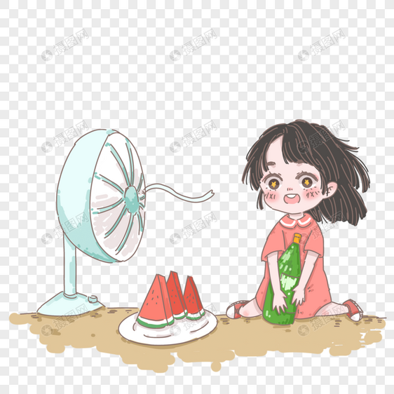 夏天吹风扇吃西瓜的小女孩图片