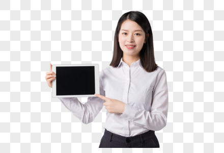 职场女性手拿平板电脑展示图片