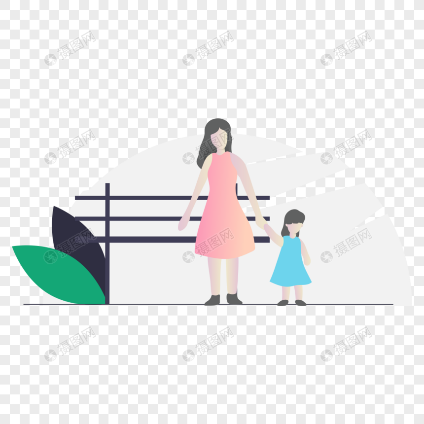 母女牵手走路图标免抠矢量插画素材图片