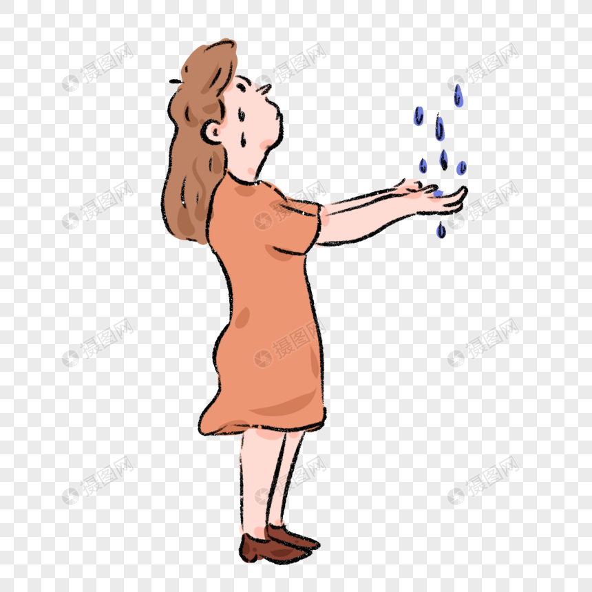 手绘女生手接雨滴元素图片