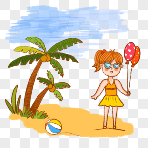 夏天游泳沙滩气球美女椰子树海边图片