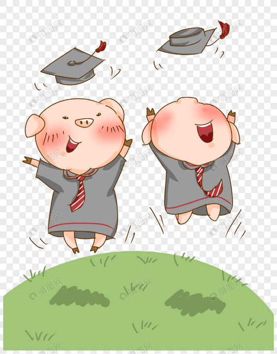 原创毕业季猪猪抛博士帽插画PNG图片