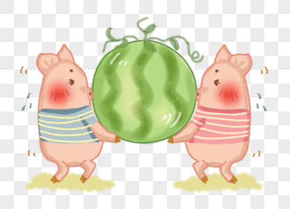 原创蜡笔画搬大西瓜的猪猪插画PNG图片