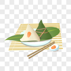 盘子里放着蛋黄粽子和垫子上的筷子高清图片