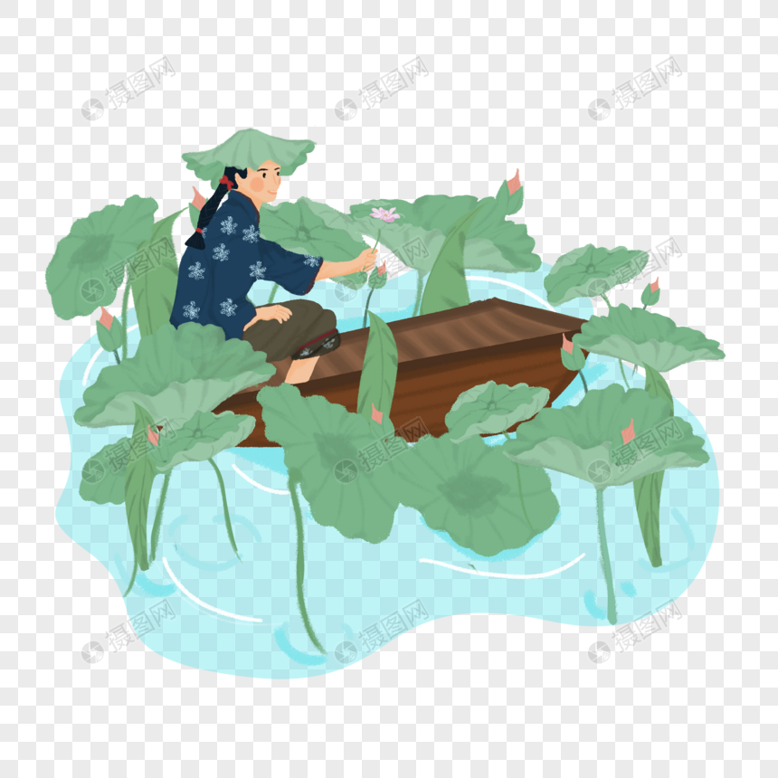 荷花池里坐在木船上采莲女