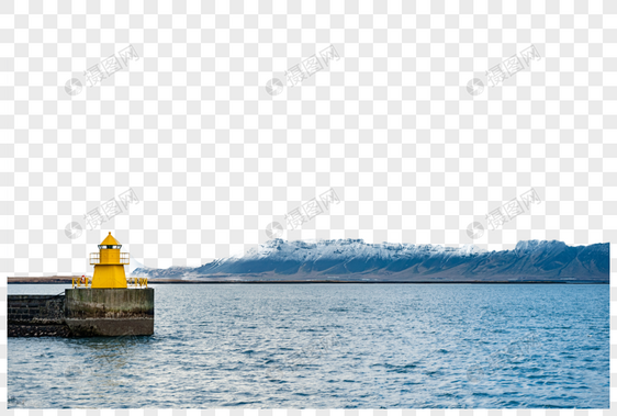 冰岛北冰洋大海雪山海岛黄色灯塔图片