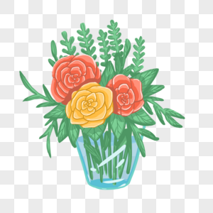 手绘绿色植物鲜花花瓶元素图片