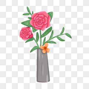 手绘红色玫瑰花瓶花卉元素图片