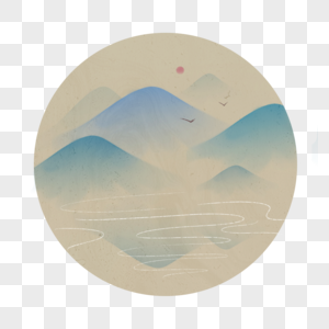 中国风山水夕阳风景插画图片