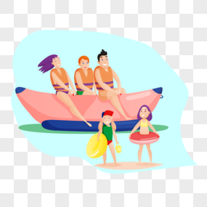 一家人在水边坐船玩耍小孩子在游泳圈游泳图片