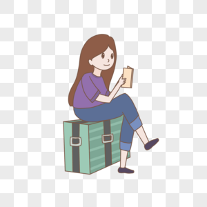 毕业季坐在行李箱上看书等待的女生高清图片